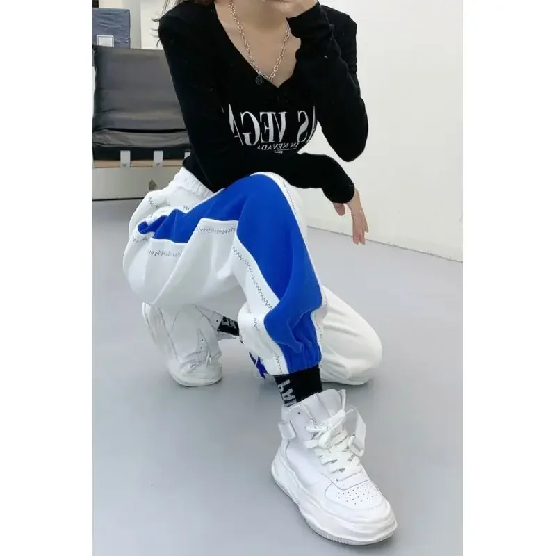 Women's Spring and Autumn Fashion New Elastic Panel Contrast Plush Thickened Bottom Pants Casual High Waist Elastic Haren Pants