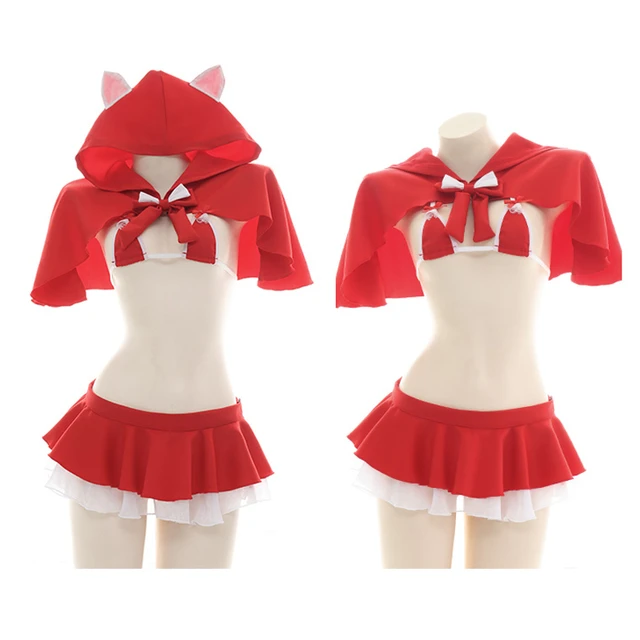 Santa Sexy Costume Christmas Lingerie Set Cute Cat Ears Cloak Halter Neck  Bra Mini Skirt Anime Girls Cosplay Sleepwear Drop Ship