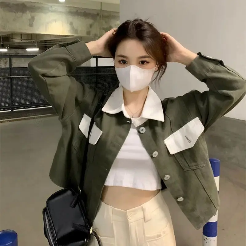 Korean Version Contrasting Polo Collar Short Denim Jacket for Women's 2024 Spring New Loose and Versatile Jacket Cardigan top