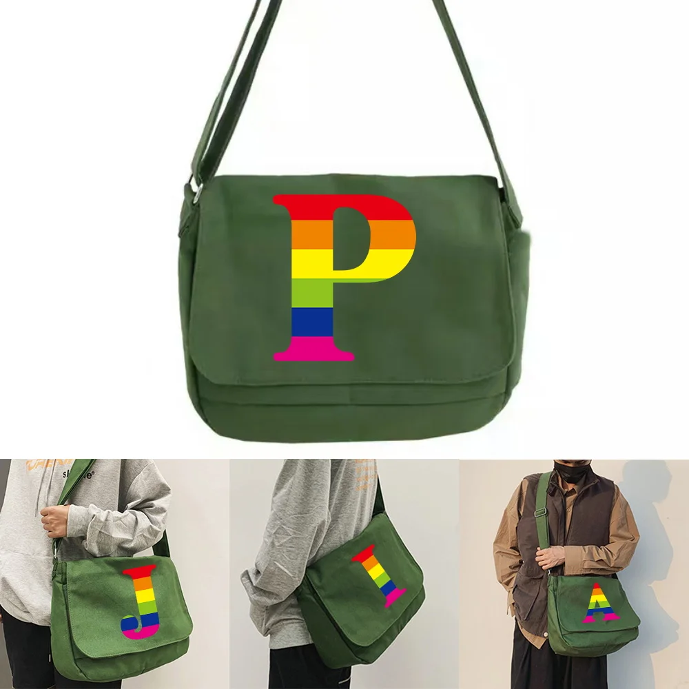 Large Capacity Shoulder Bags Green Canvas Leisure Travel Messenger Bag Women Crossbody Package rainbow Initial Name Series