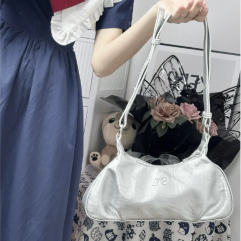 Hot Girl Silver Crinkle Shoulder Bag Women Embroidered Letter Leather Handbag Ladies Fashion High End Commuter Underarm Bag 2025