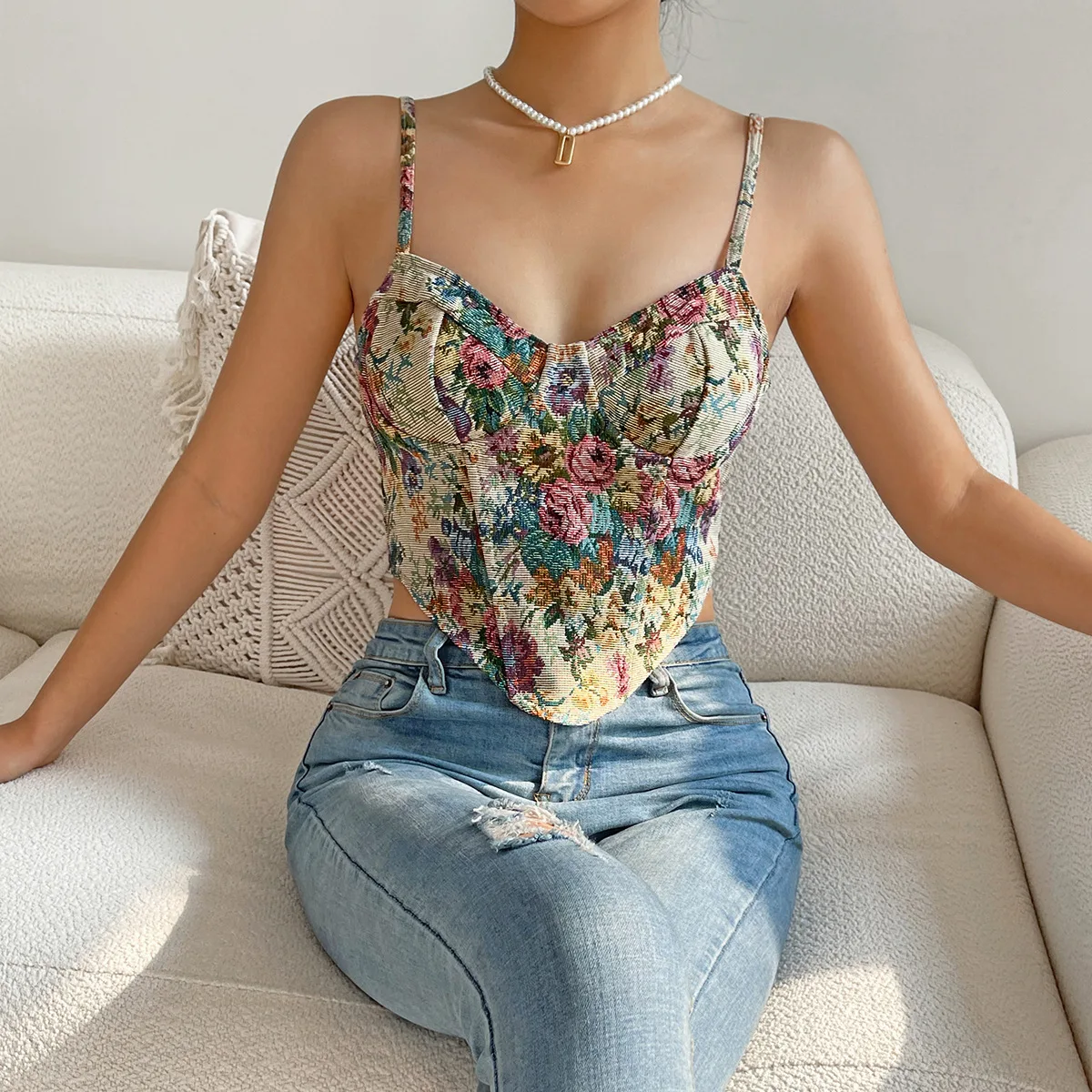 

Vintage Corset Tops Floral Halter Bustier Summer French Women's Sleeveless Shaperwear Cropped Bustier Camis Back Zipper Tank Top