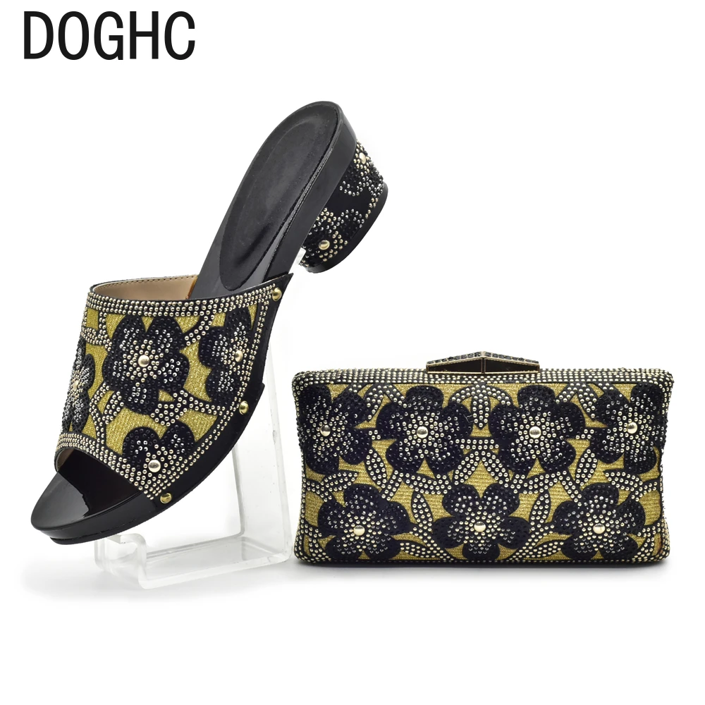 

Latest Black Color Italian Shoes and Bags To Match Shoes with Bag Set Nigerian Party Shoe and Bag Sets Decorated with Rhinestone