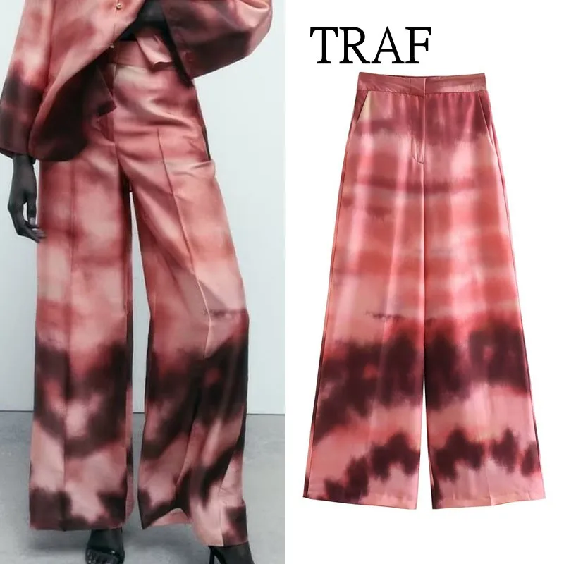 

Брюки TRAF женские с принтом тай-дай, Модные свободные штаны с широкими штанинами, комплект, женская одежда с завышенной талией, праздничный стиль, 2023