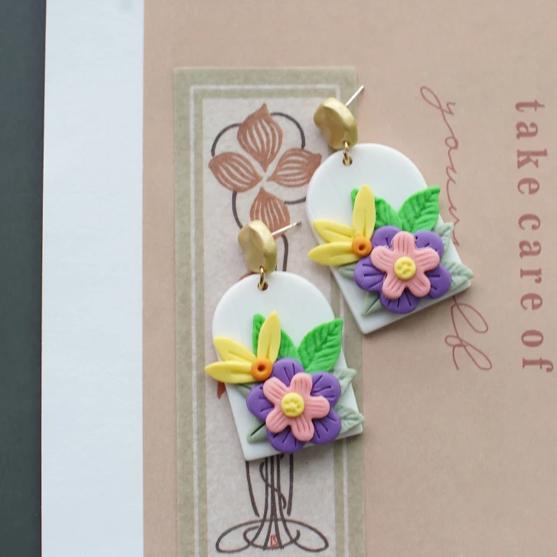 Handmade Crafts Bohemian Floral Bright Solid Metal Top Multi Colors Polymer Clay Earrings Dangle Sets dangle earrings Party Gifts Holiday Wear