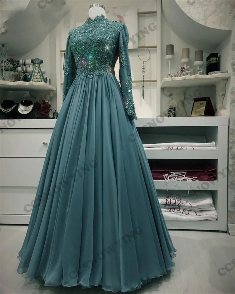 

Chiffon Appliques Muslim Evening Dresses Long Sleeve Hijab Islamic Formal Party Gown Women Arabic Dubai Robes De Soirée
