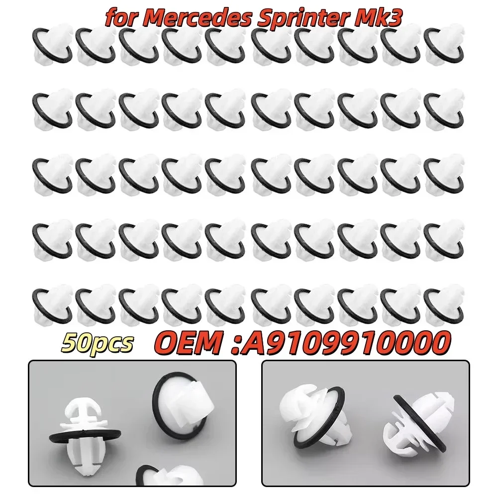 50 Clips Retención Parachoques Mercedes-Benz A9109910000 - Para Sprinter MK3, Moldura Exterior, Plástico Blanco