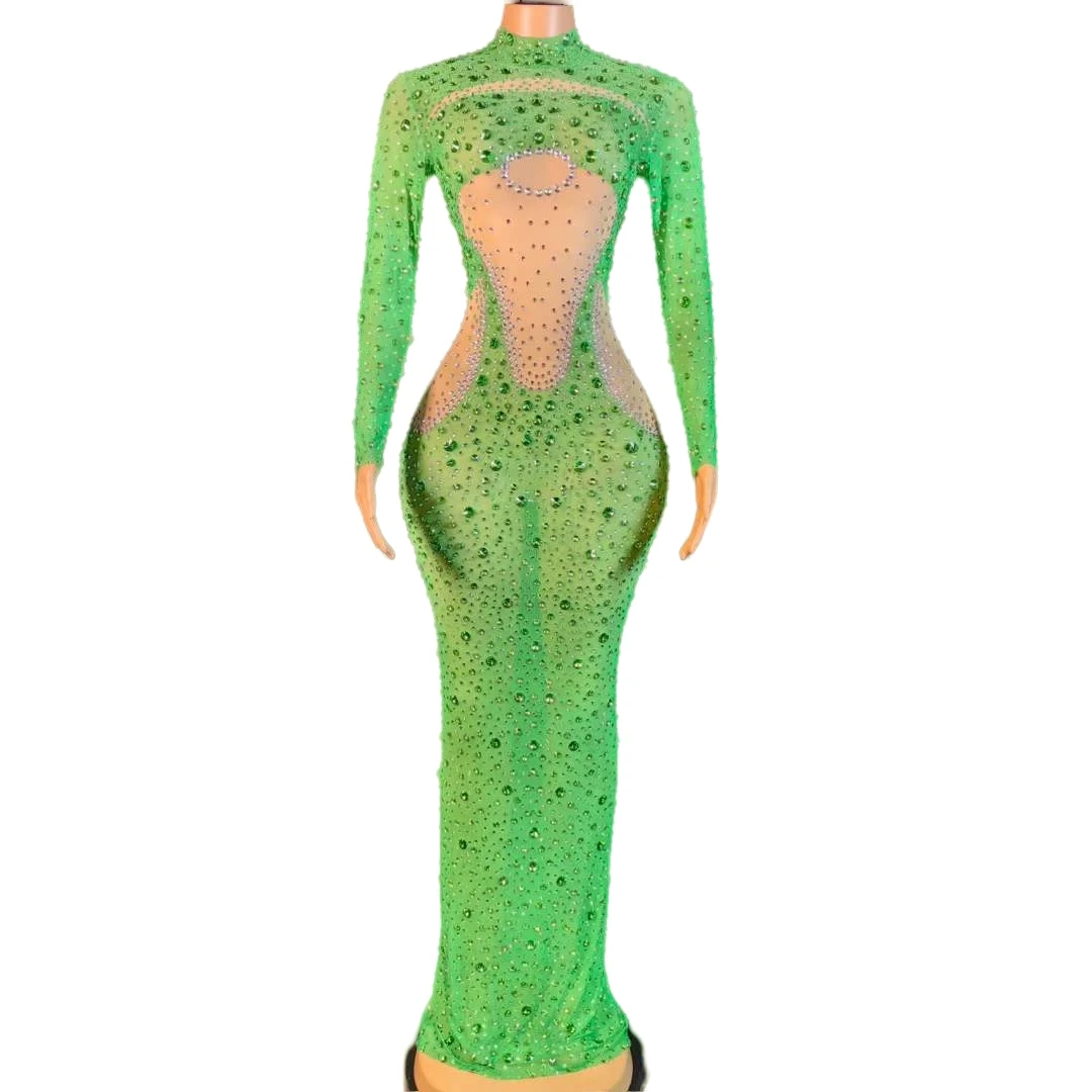 

Green Fashion Stretch Women Rhinestone Long Dress Evening Celebrate Prom Show Glitter Costume Drag Queen Party Outfit