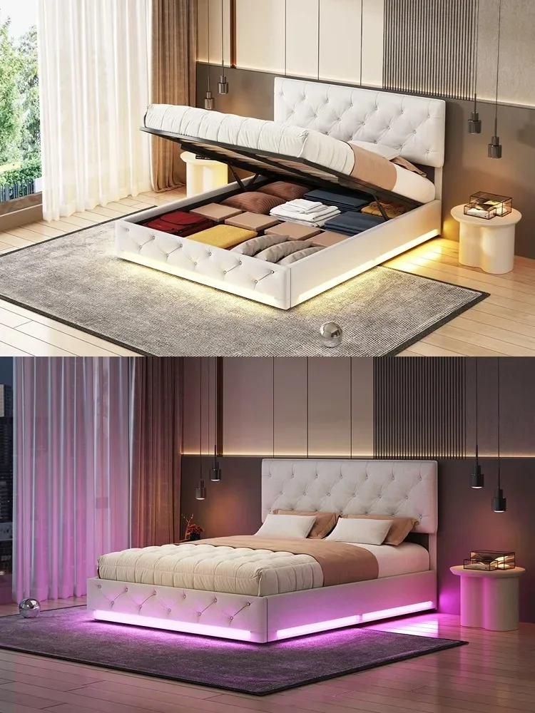 Creahappy Doppelbettgestell, 140 x 200 cm, gebrochenes weißes Leinenstoff, genietetes LED-Hydraulikbett + Seitenbett-Lichtleiste, segmentiert – Detail 1