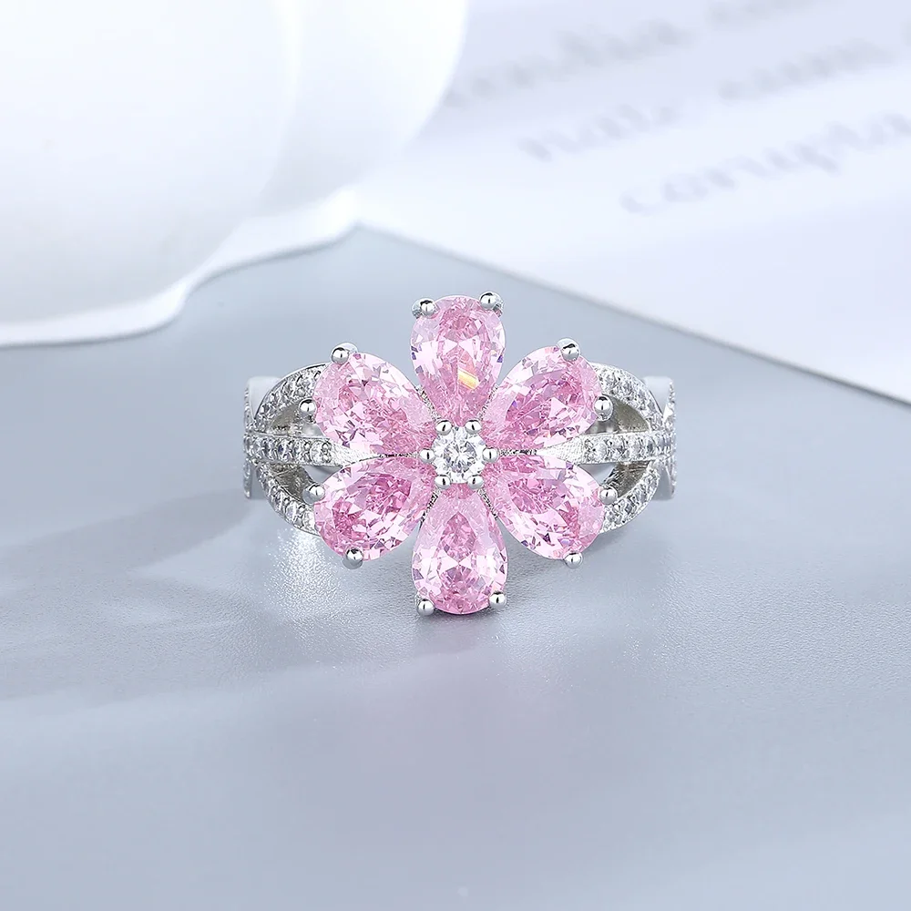 Radiant Pink Flower Zircon Ring with 18K Gold Plating - Elegant & Romantic Fine Jewelry