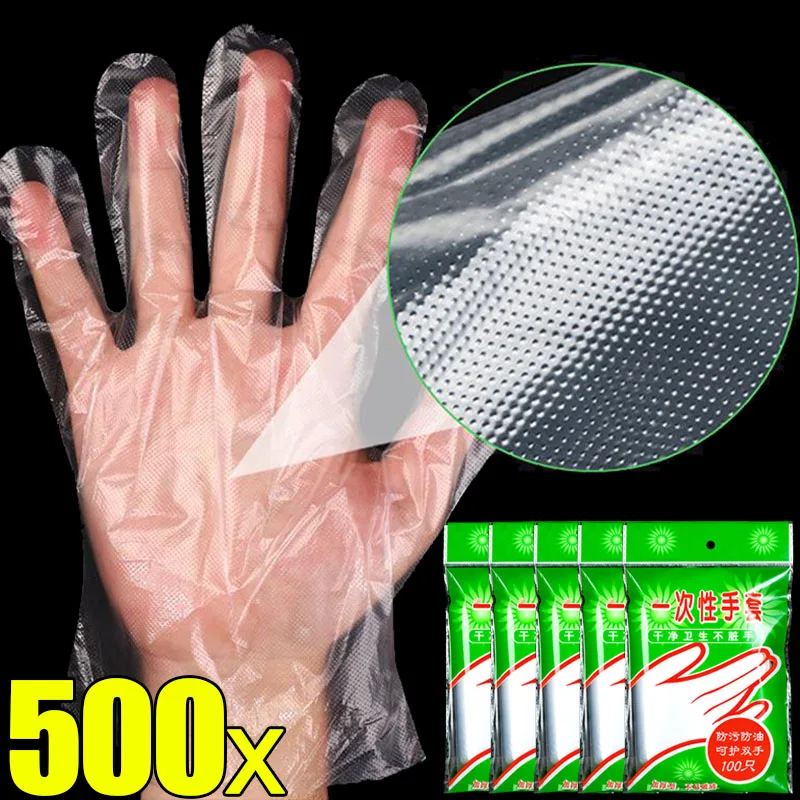 Disposable Plastic Gloves Disposable Gloves 500/100Pcs Transparent One-off Plastic Gloves Food Grade PE Material Pizza BBQ Clear Multi-functional