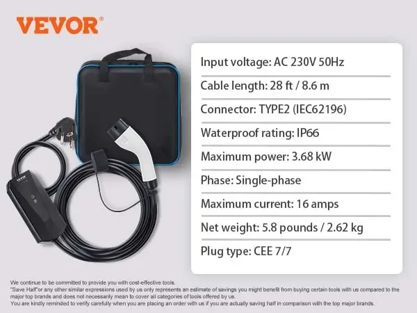 VEVOR Chargeur EV Portable Type 2 Chargeur Voiture Électrique 16 A 3,7 kW  avec Câble de Charge 8,6 m Prise CEE 7/7 Station de Charge IEC62196 Étanche  IP66 avec Sac de Rangement