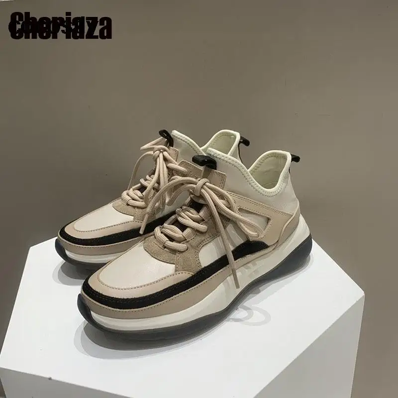 

2023 Women Autumn Patchwork Genuine Leather Lacing Sneakers Casual Thick-Soled Sport Shoe Female sapato feminino women sneakers