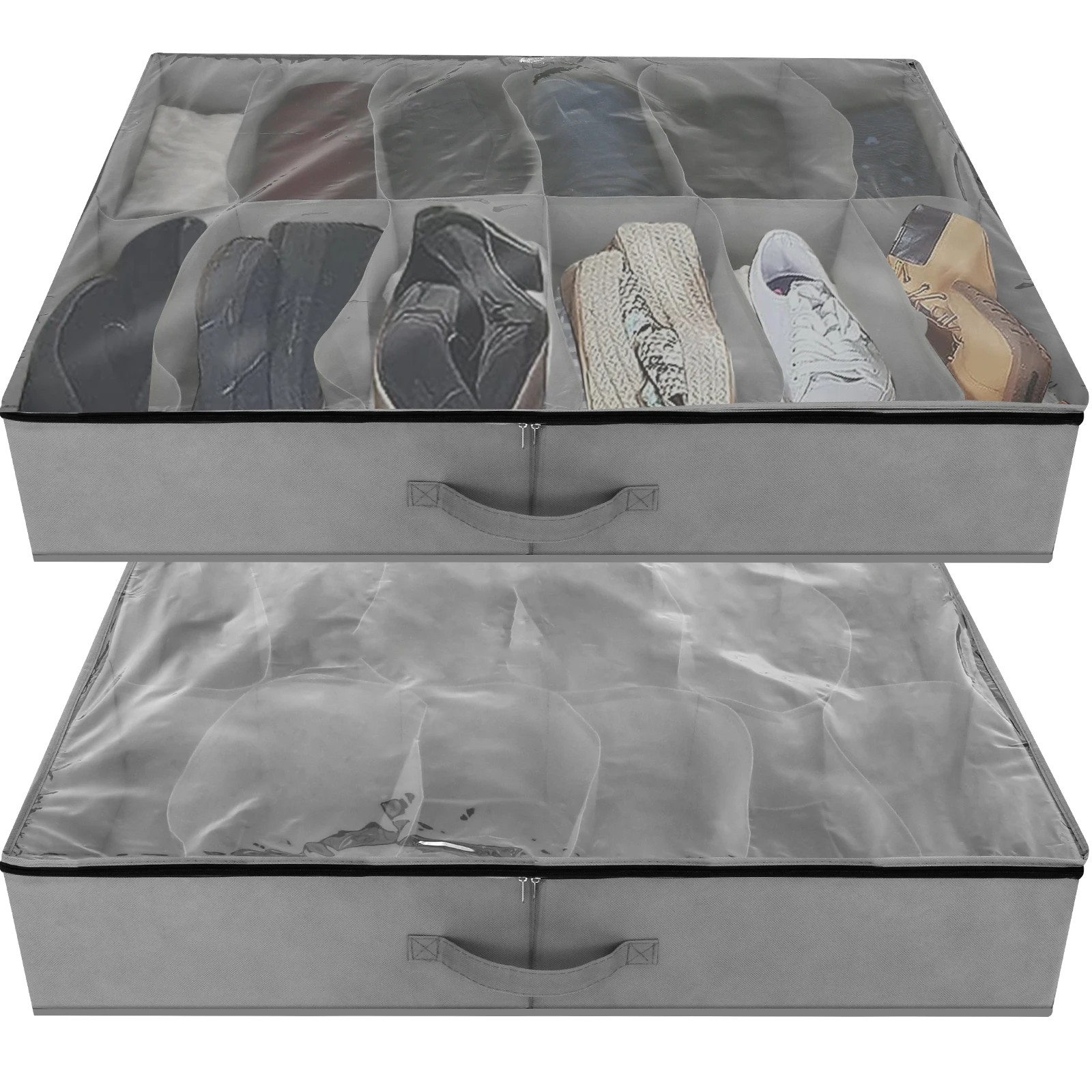 

Underbed Shoe Organizers 2 Pack- Total Fits 24 Pairs Shoe Storage Organizer Foldable Underbed Shoes Storage Boxes with Clear