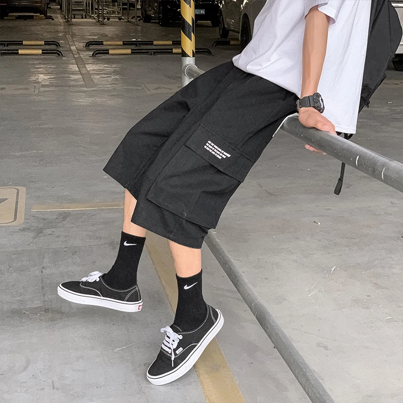 Boy Men Cargo Shorts New Harajuku Fashion Streetwear Solid Shorts Male Joggers Hip Hop Pants Casual Baggy Big Pocket Shorts
