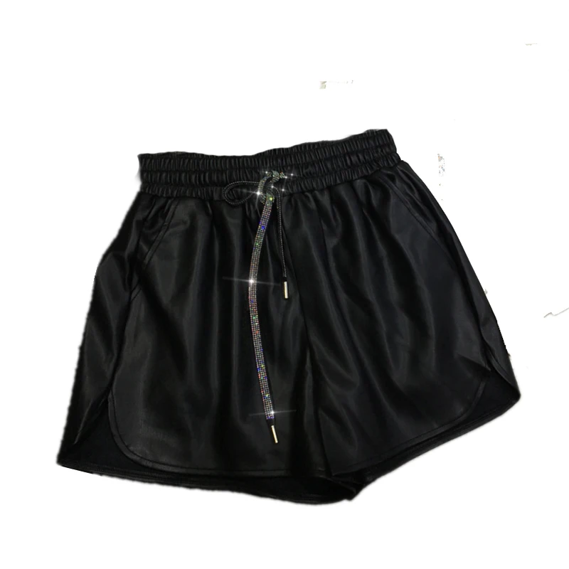 Hot Drilling Drawstring Elastic Waist Ladies Leather Pants All-match Autumn Winter High Waist Wide Leg Shorts PU Boot Shorts