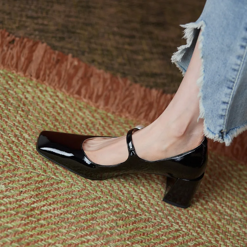 Shoes for Women2023New Elegant Woman Heels Shoe Mary Jane Shoe Patent Leather Square Head Thick Heel Shoe Red Party Wedding Shoe 6