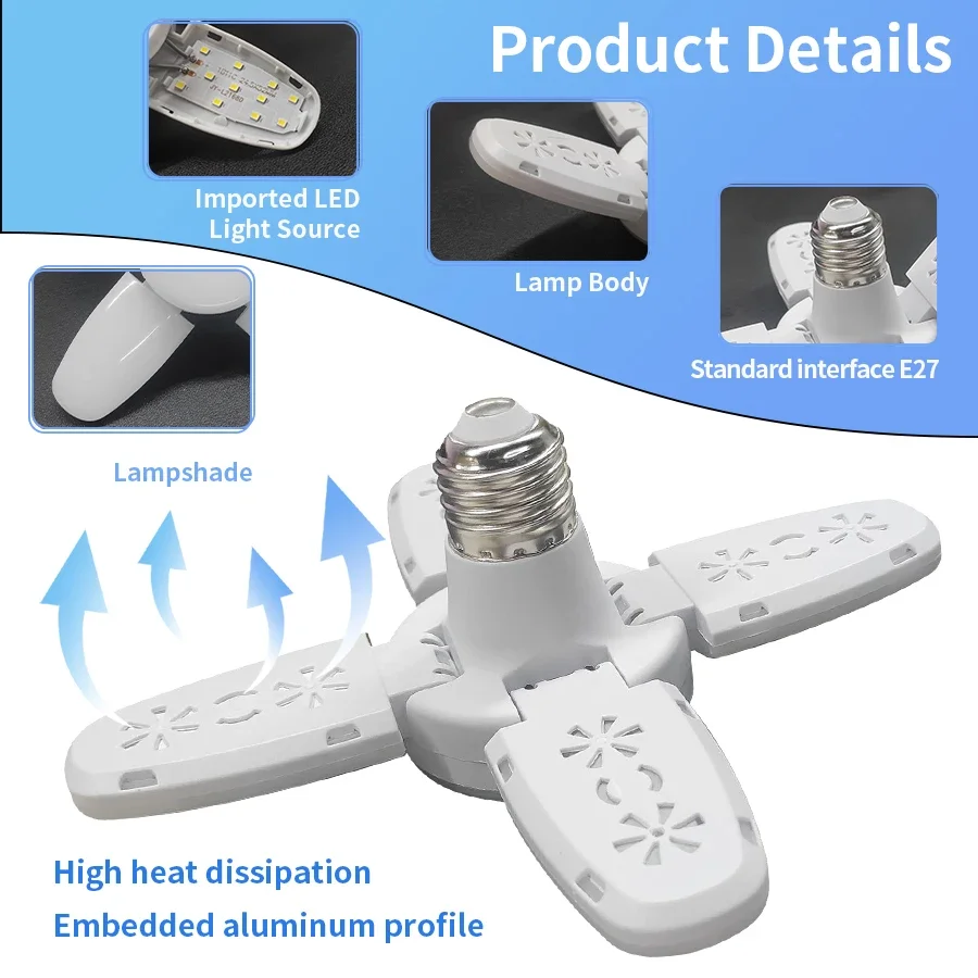 AC 85-265V 220V 28W E27 팬 모양 LED 전구 천장 조명 램프 접이식 LED 전구 가정용 거실 창고 차고용