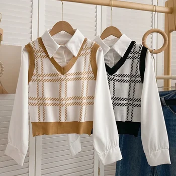 منقوشة المرقعة وهمية قطعتين القمم الإناث الخامس الرقبة بلوفر مغزول الخريف الشتاء Vintage تنوعا سليم صالح طويلة الأكمام سترة 3