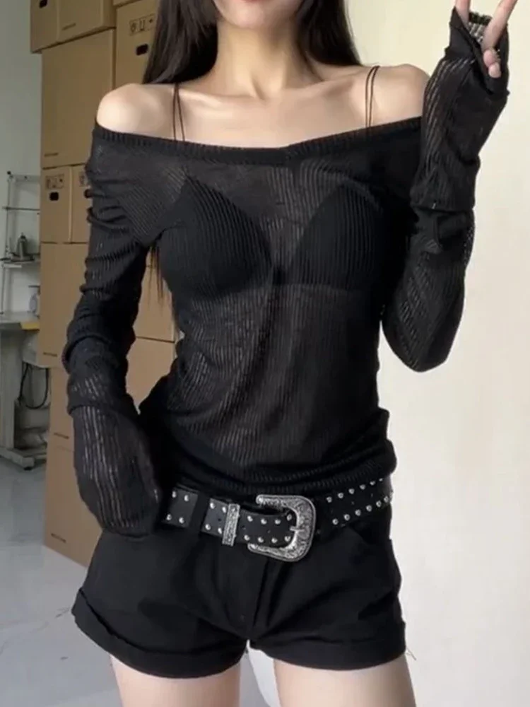 Women Long Sleeve T Shirt Thin Perspective Summer Solid Slim Casual Shirts Female Pullovers Basic Tee Y2k Clothes Streetwear Top