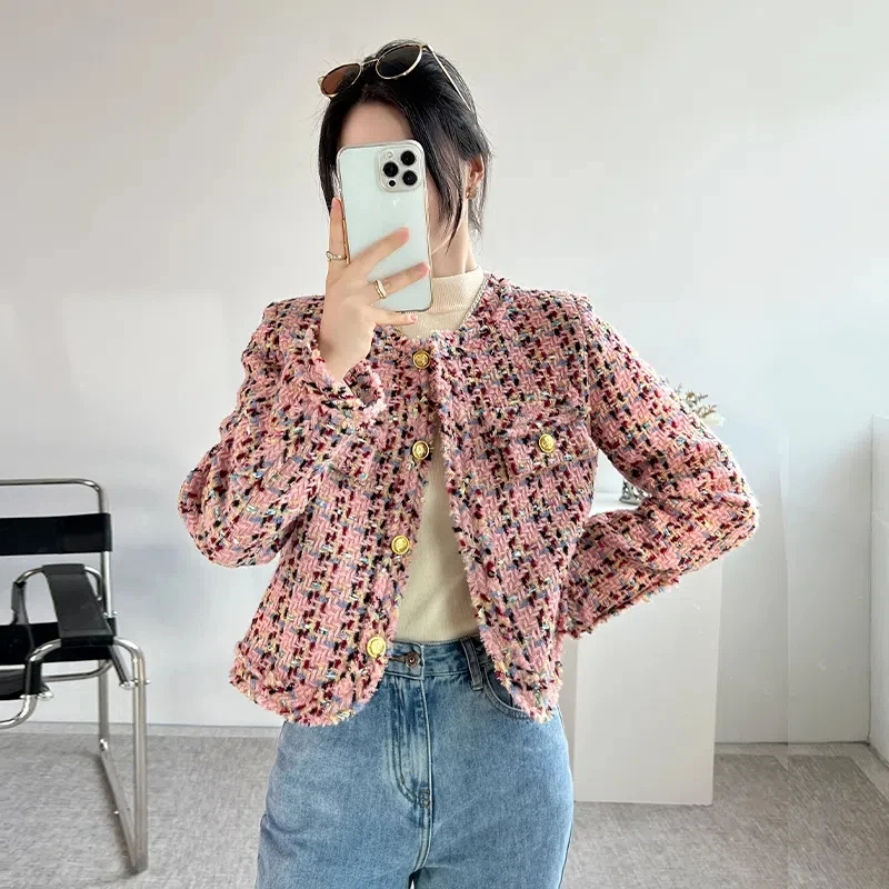 

Tweed Basic Jacket Women 2022 Outerwear Suit Coat Cropped Stripeed Kawaii OL Blazers
