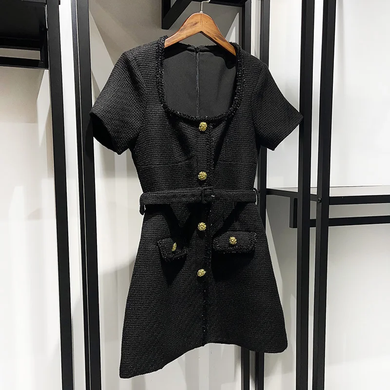Robe Noire Taille M Col Carré Manches Courtes Ceinture - Automne/hiver