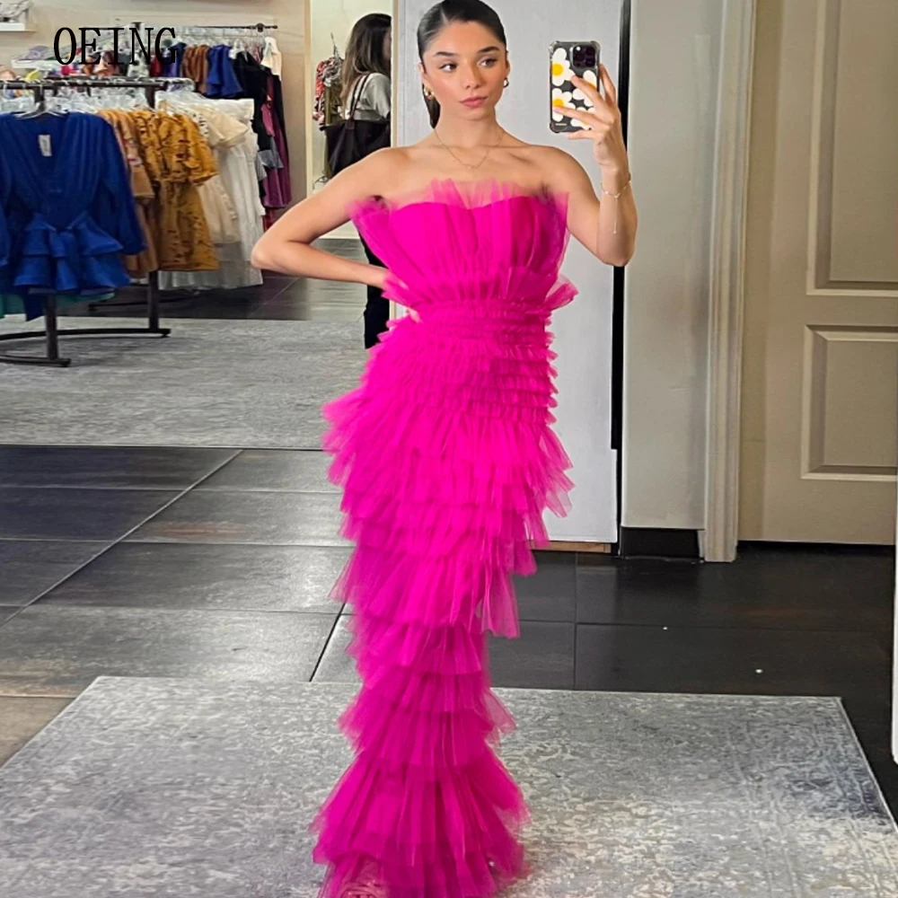 lilac ruffles mermaid arabic dubai evening dresses strapless silt prom party gowns robe de soiree vestidos longo OEING 2024 Fairy Evening Prom Dresses Tiered Mermaid Robe De Soirée Femme Strapless Floor Length Luxurious Gala Gowns Pink