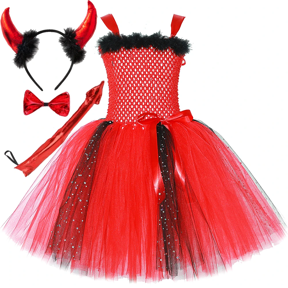 Halloween Red Devil Costumes for Girls Demon Angel Fancy Tutu Dress with Wings Horn Pitch Fork Kids Carnival Disguise Outfits
