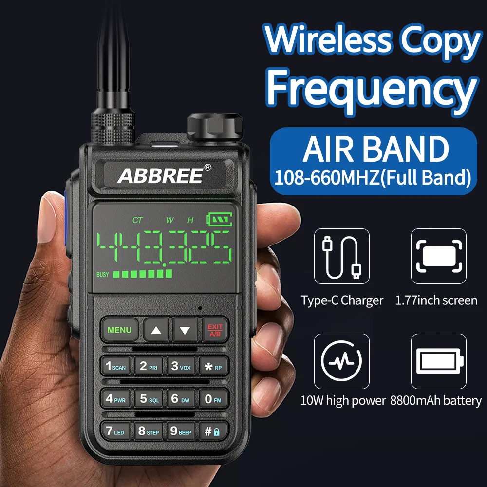 ABBREE AR-518 108-660MHz Air Band Walkie Talkie Wireless Copy Frequency 128CH Multi-functional Two Way Radio Support Type-C |