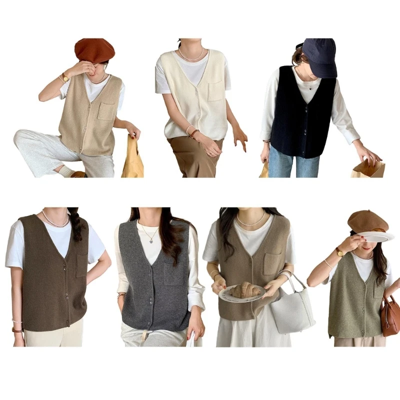

Women Autumn Casual Loose Sleeveless Sweater Vest Solid Color V-Neck Button Up Knitted Cardigan Outwear with Pocket 10CF