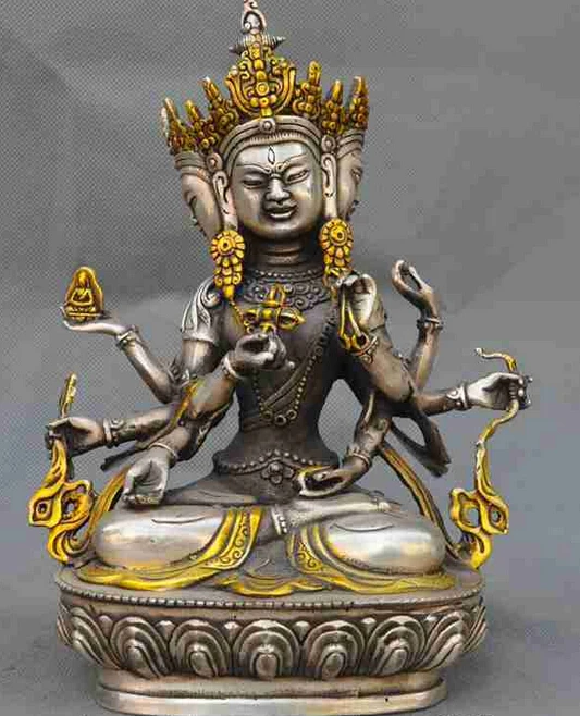 

decoration Tibet copper silver old tibet silver gilt 3 heads Quasi-mentioned Bulmo tara 8 arms Kwan-Yin buddha