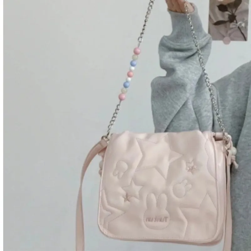 JIAERDI Sweet Cute Pink Square Bag Handbag Women Beading Chain Y2k Handbag Ladies Hot Girls Shoulder Crossbody Bags Aesthetic