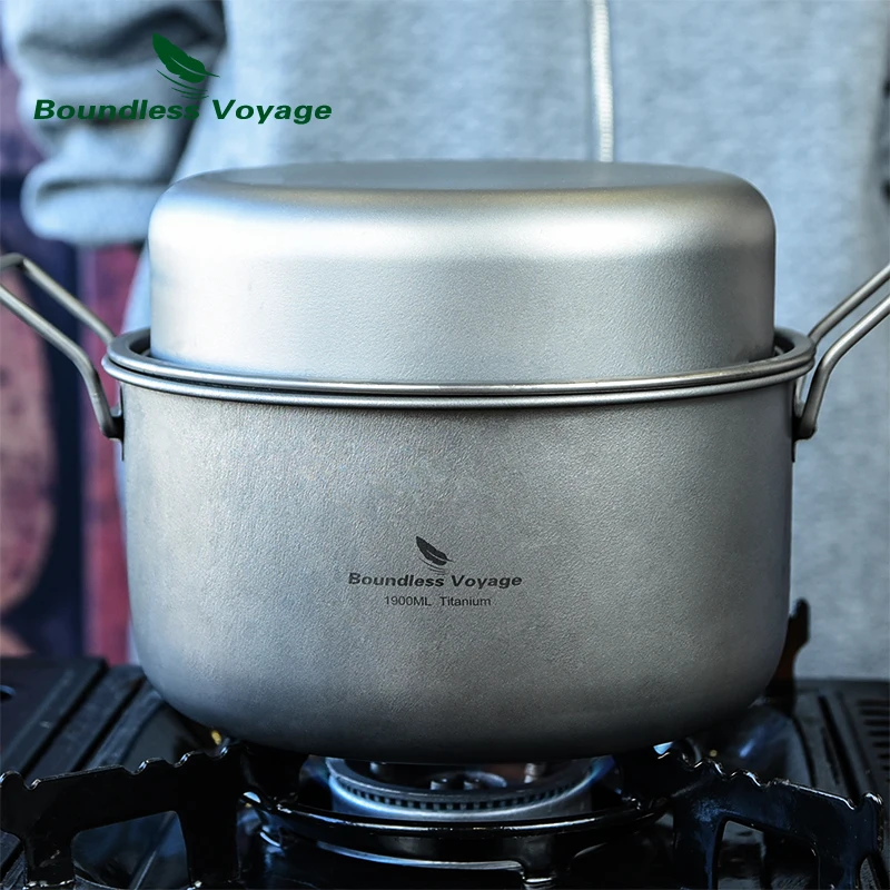 Camping Cooking Pot Boundless Voyage Multifunctional Titanium Steamer Soup Pot Frying Pan Set with Lid Outdoor Mess Kit Ti2057C