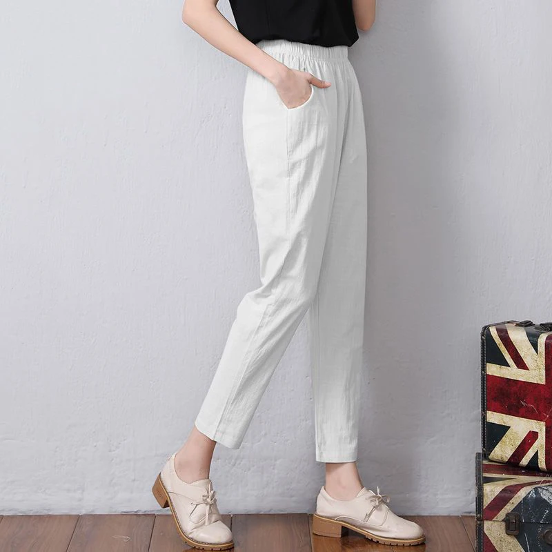 

Casual Women Ankle Length Haren Pants New Spring Summer Vintage Cotton Linen Hight Elastic Waist Solid Color Pants Women