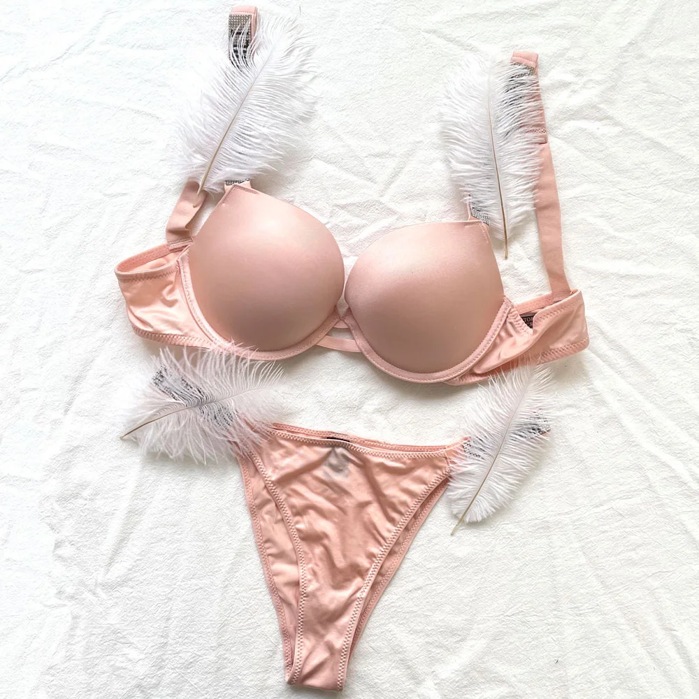 Glossy Women Underwear Rhinestone Letter Comfort Push Up Bra Panty 2 Piece Brief Suit Plus Size Pink Sexy Seamless_voghion.com