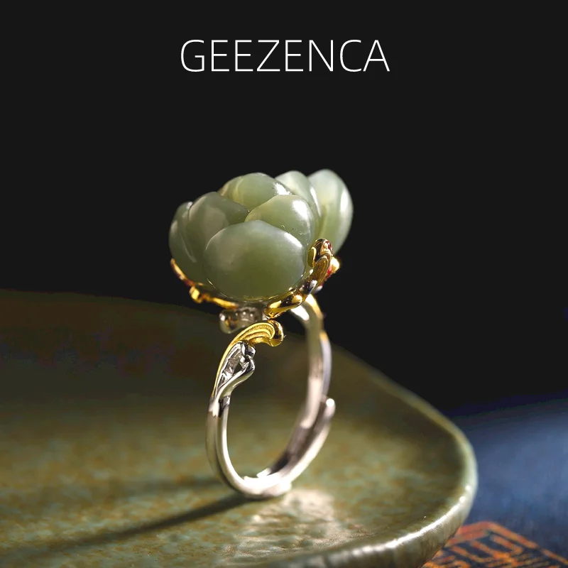 

GEEZENCA Natural Jade Jasper Lotus 925 Sterling Silver Women's Ring Luxury Classic Large Gemstone Open Rings Vintage Ethnic Gift