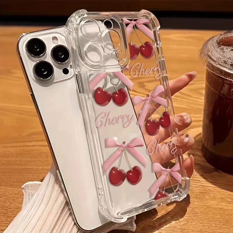 Fashion Bow Cherry Lichee Soft Transparent Phone Case Cover
