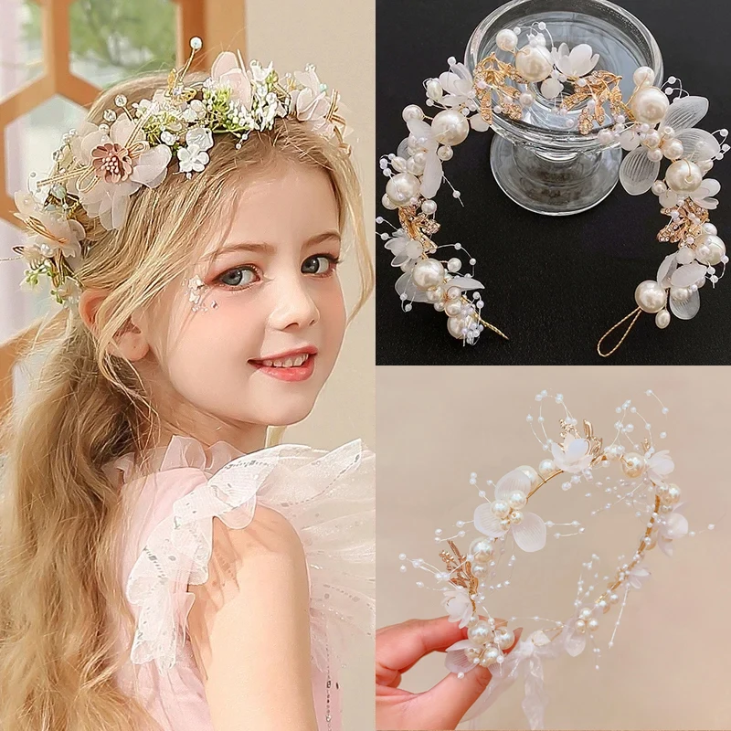 New Fashion Imitated Pearl Crowns Girls Bridal Wedding Headband Floral Flower Headband For Girls Kids Bohemian Hair Accessories hair accessories hair headband accessories