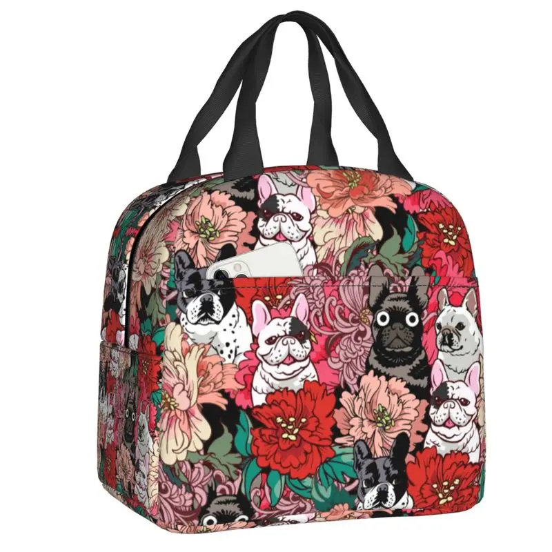 

French Bulldog Flowers Thermal Insulated Lunch Bag Women Frenchie Dog Lover Lunch Tote for Work School Travel Food Bento Box