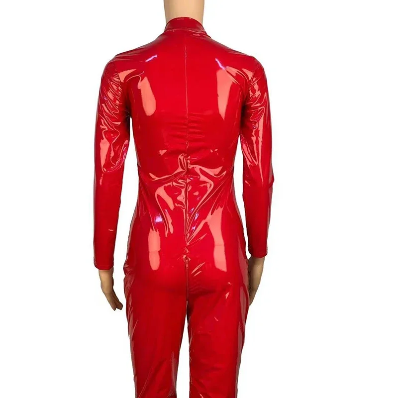 

Shiny Patent Leather Jumpsuits Women Zipper Open Crotch Bodysuits Long Sleeve Nightclub Dance Overalls Bodycon Exotic Custom