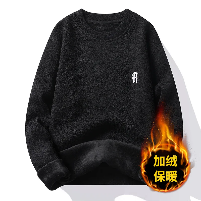 Round neck sweater for men with plush and thick high neck knit shirt for autumn and winter youth insulation and bottom T-shirt f