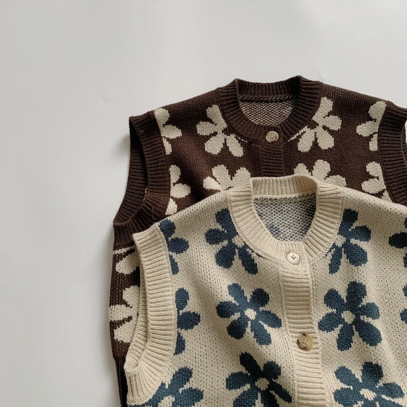 1213C Children Clothes Knitted Vest Spring New Children's Vest Retro Flower Knitted Boy's Sweater Coat Kid's Waistcoat