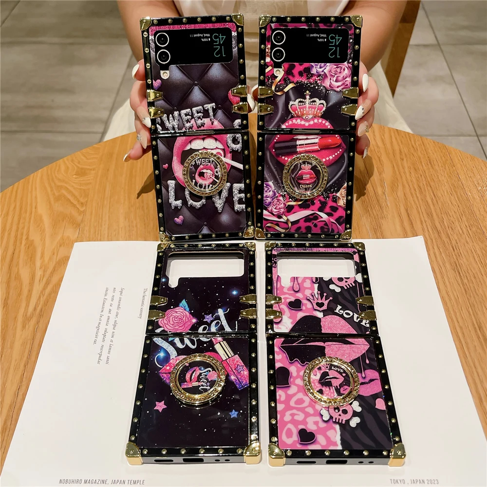 Cover Quadrata Glitter Colorata Per Samsung Galaxy Z Flip 5 Flip 4 Fashion Queen Pink Lip Case Per Samsung Galaxy Z Flip 3