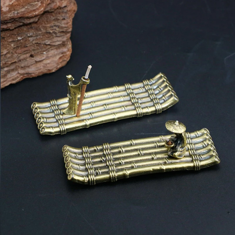 Description Picture 2 of item1PC Vintage Bronze Small Incense Burners Ornaments Bamboo Raft Incense Base Incense Stick Holder Stand Tray Ash Catcher Plate