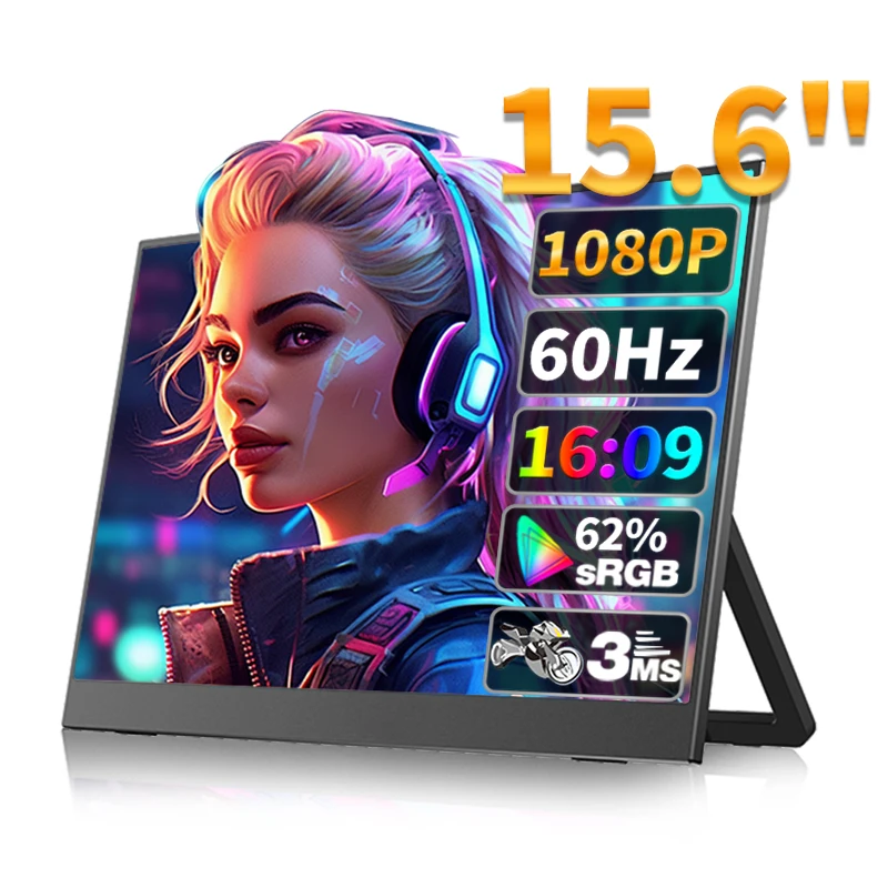 Портативний монітор 15,6-дюймовий ігровий монітор Full HD Вбудований кронштейн VESA Настінний монітор для ПК Mac Mobile Xbox PS5