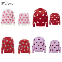 Blotona Family Matching Valentine's Day Sweaters Long Sleeve Round Neck Heart Print Pullovers Knit Tops 1
