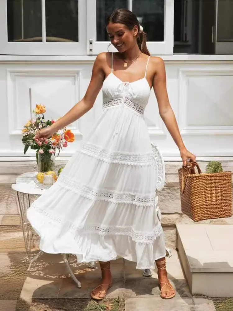 

Новинка лета, женское платье в стиле бохо, модное белое пляжное платье на бретелях-спагетти, модель 2024 года, Элегантное повседневное женское платье