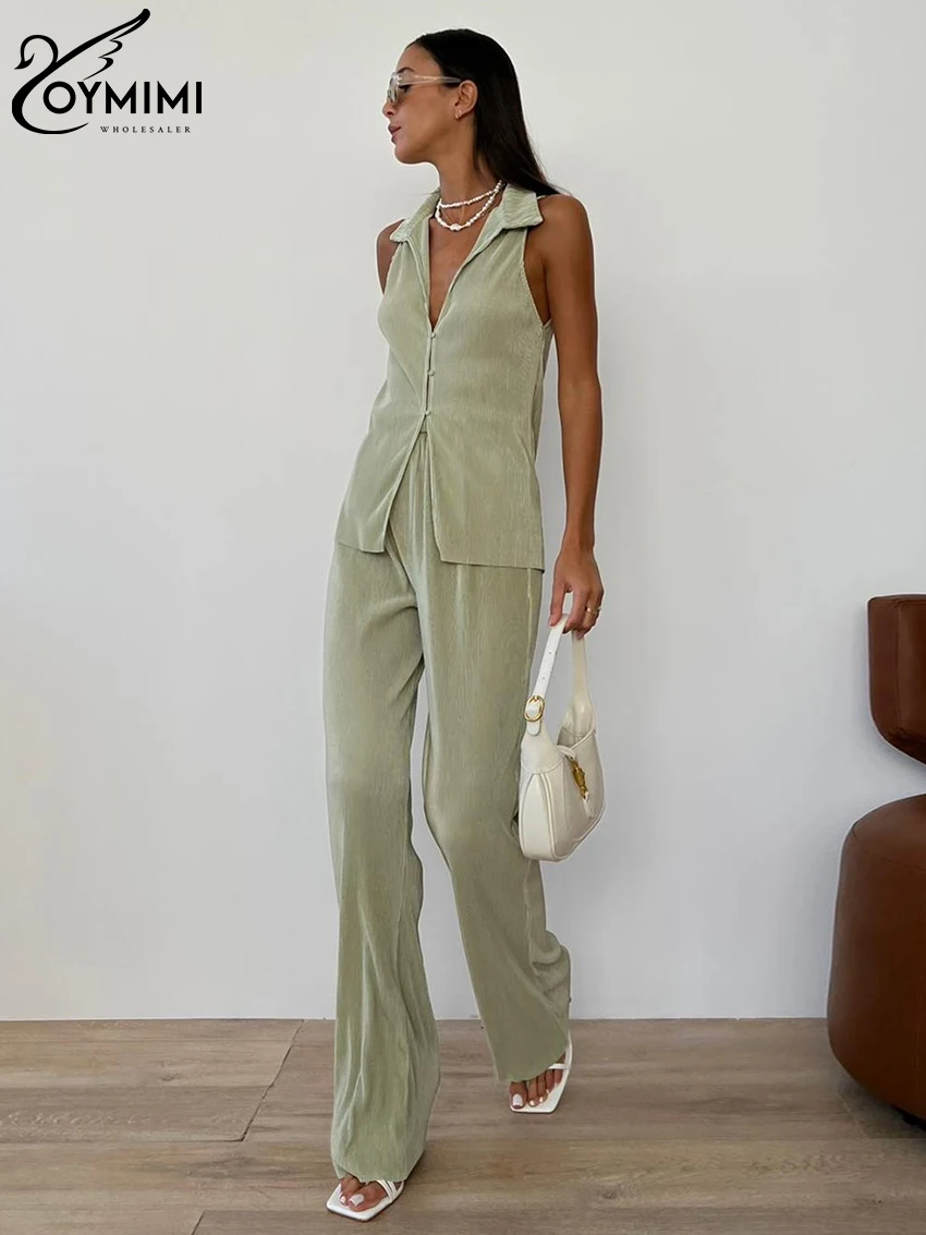 

Oymimi Sexy Black Pleated 2 Piece Sets Women Outfit 2023 Fashion Sleeveless Tank Top With High Waist Pant Sets Female Streetwear