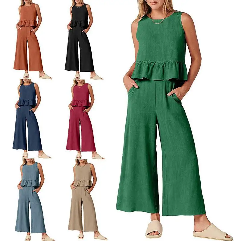 

Sleeveless Pleated Vest Summer Versatile Fashion Commutg Everyday Temperament Summer Wide-leg Cropped Pants Casual Suit