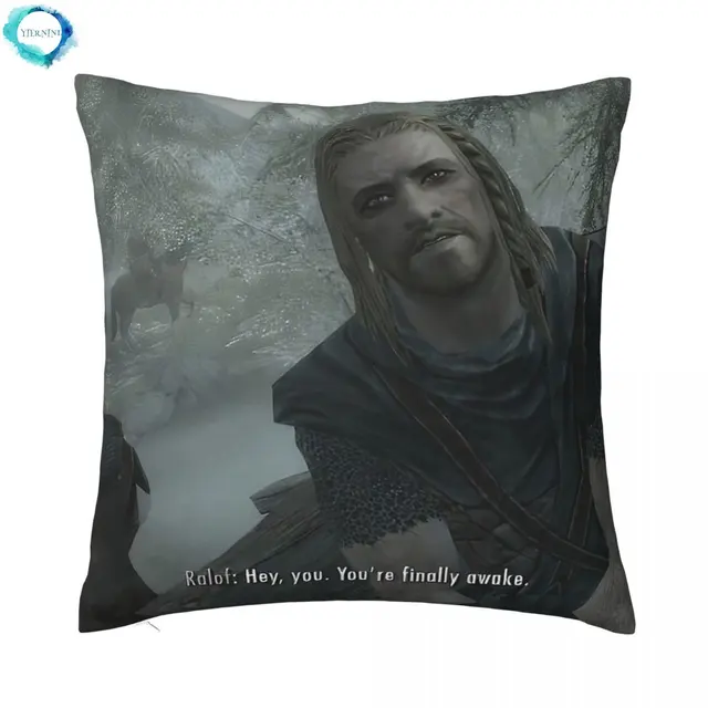 Hey You You re Finally Awake Skyrim Meme Cushion Cover: Bring Adventure and Comfort to Your Home